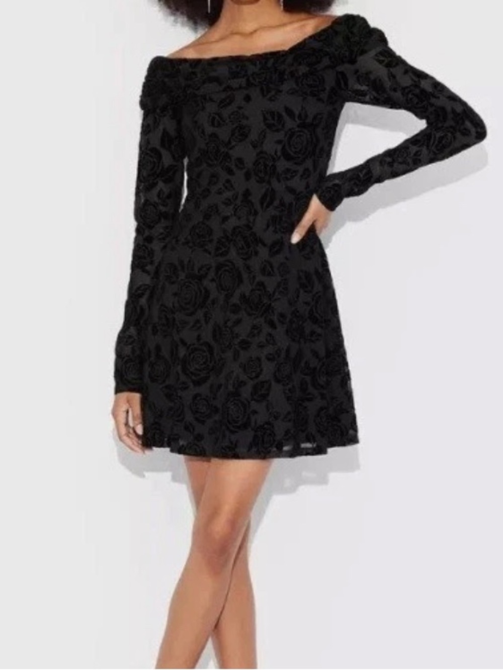 wild fable Black Floral Off-Shoulder Long Sleeve Mini Dress